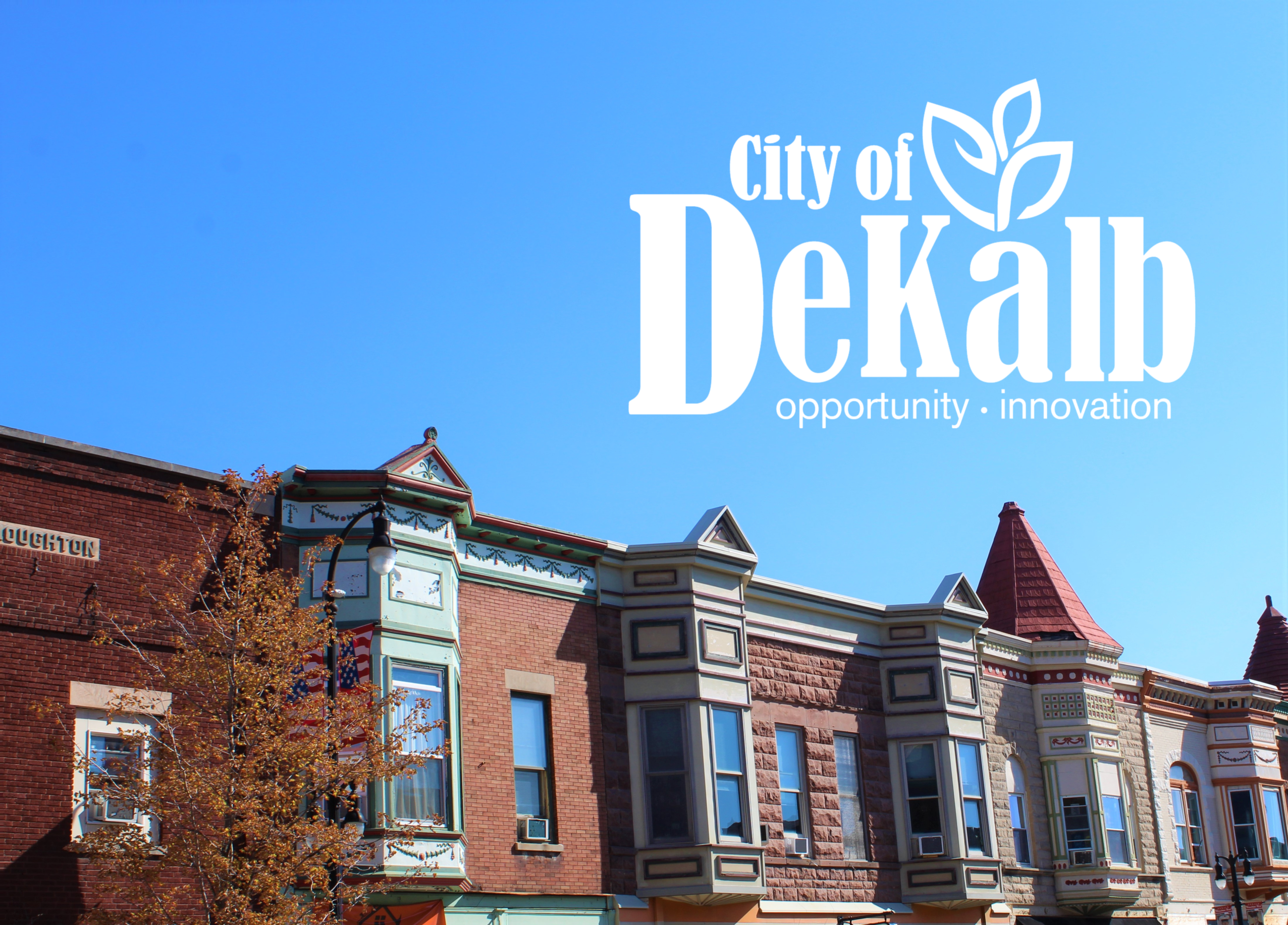 Downtown DeKalb buildings with the City's logo