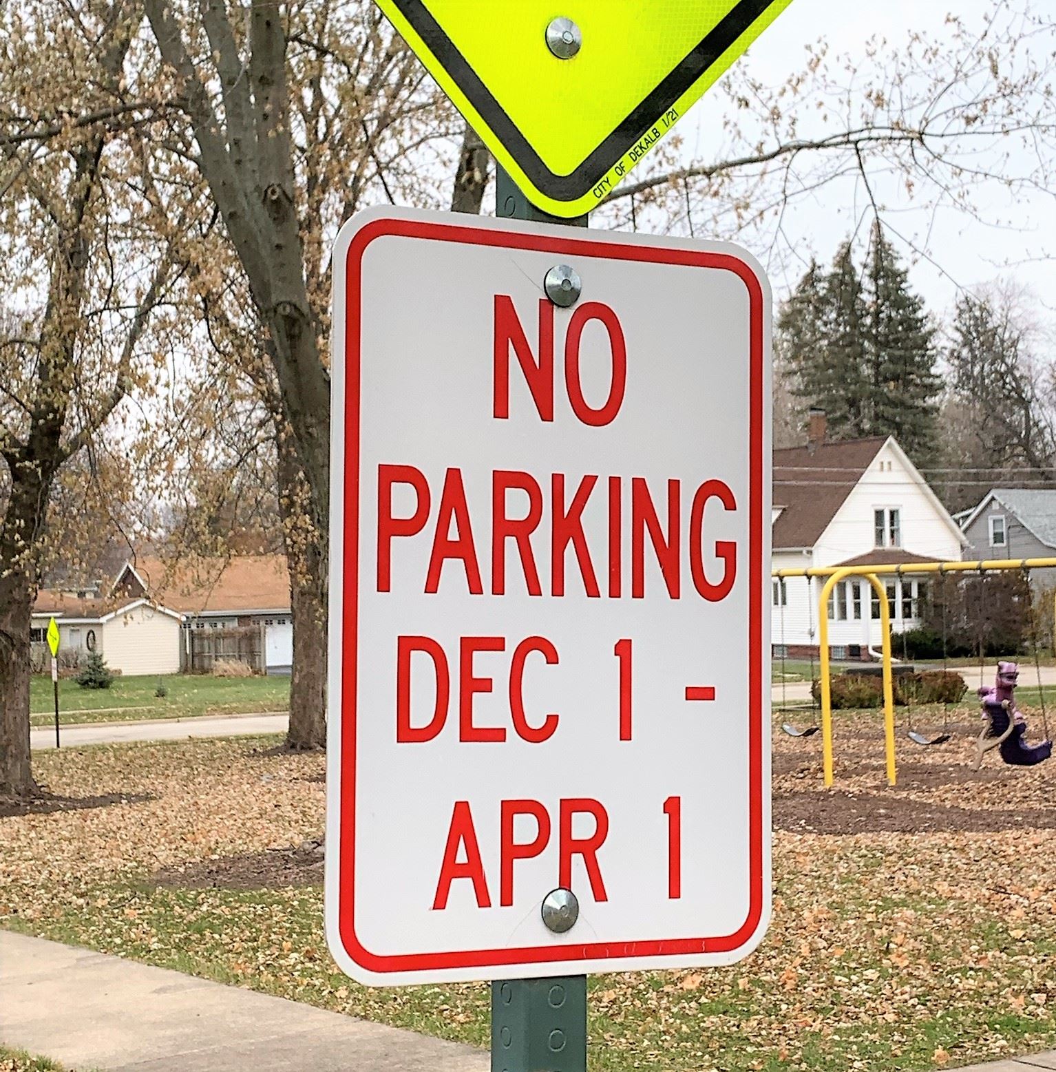A sign shows there is no parking Dec 1-April 1
