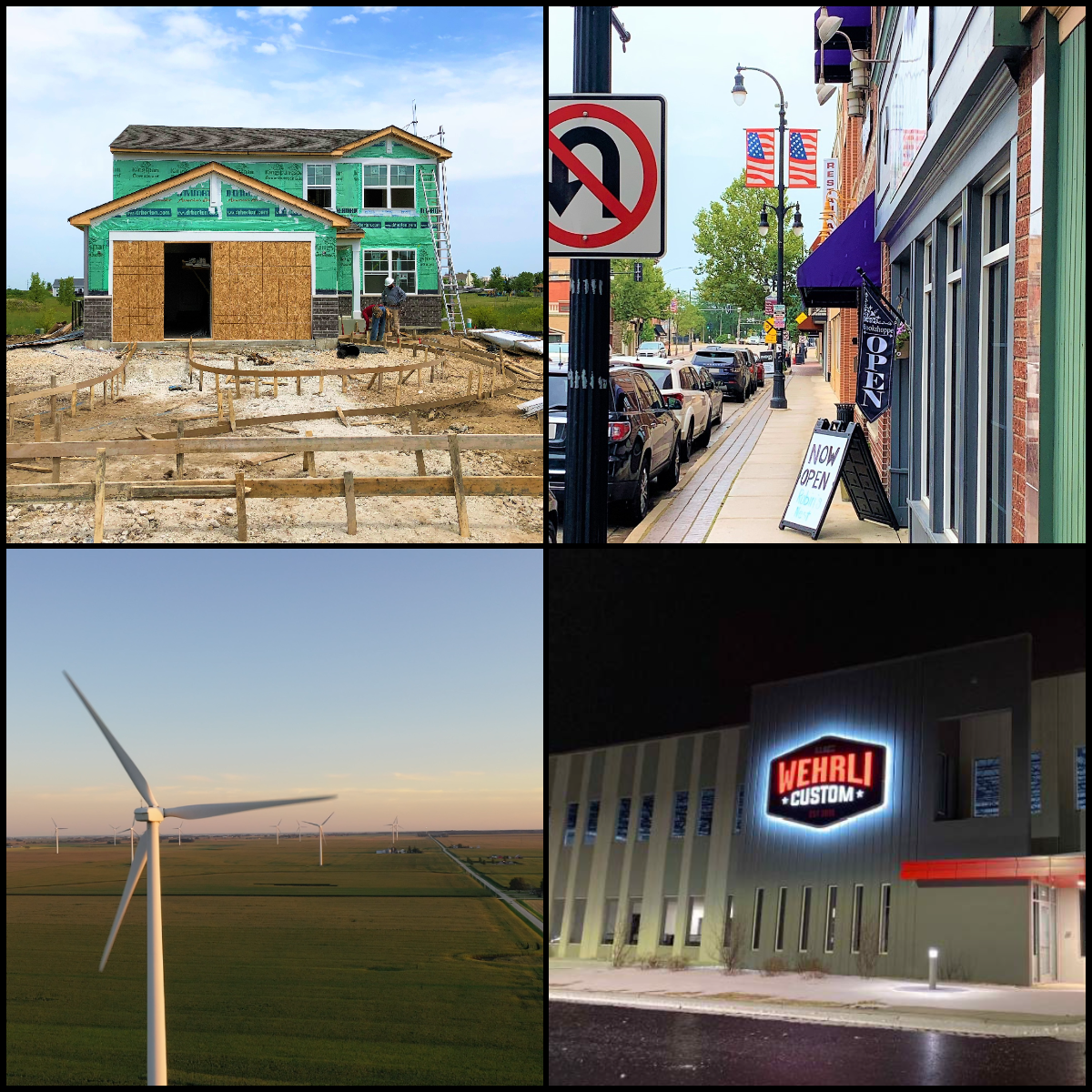 Photos of a home under construction, downtown DeKalb, a wind turbine and Wehrli Custom Fabrication