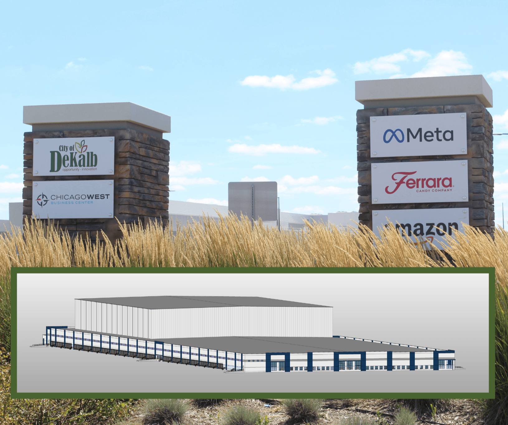 The welcome sign for the ChicagoWest Business Center & a rendering of Project Wildcat