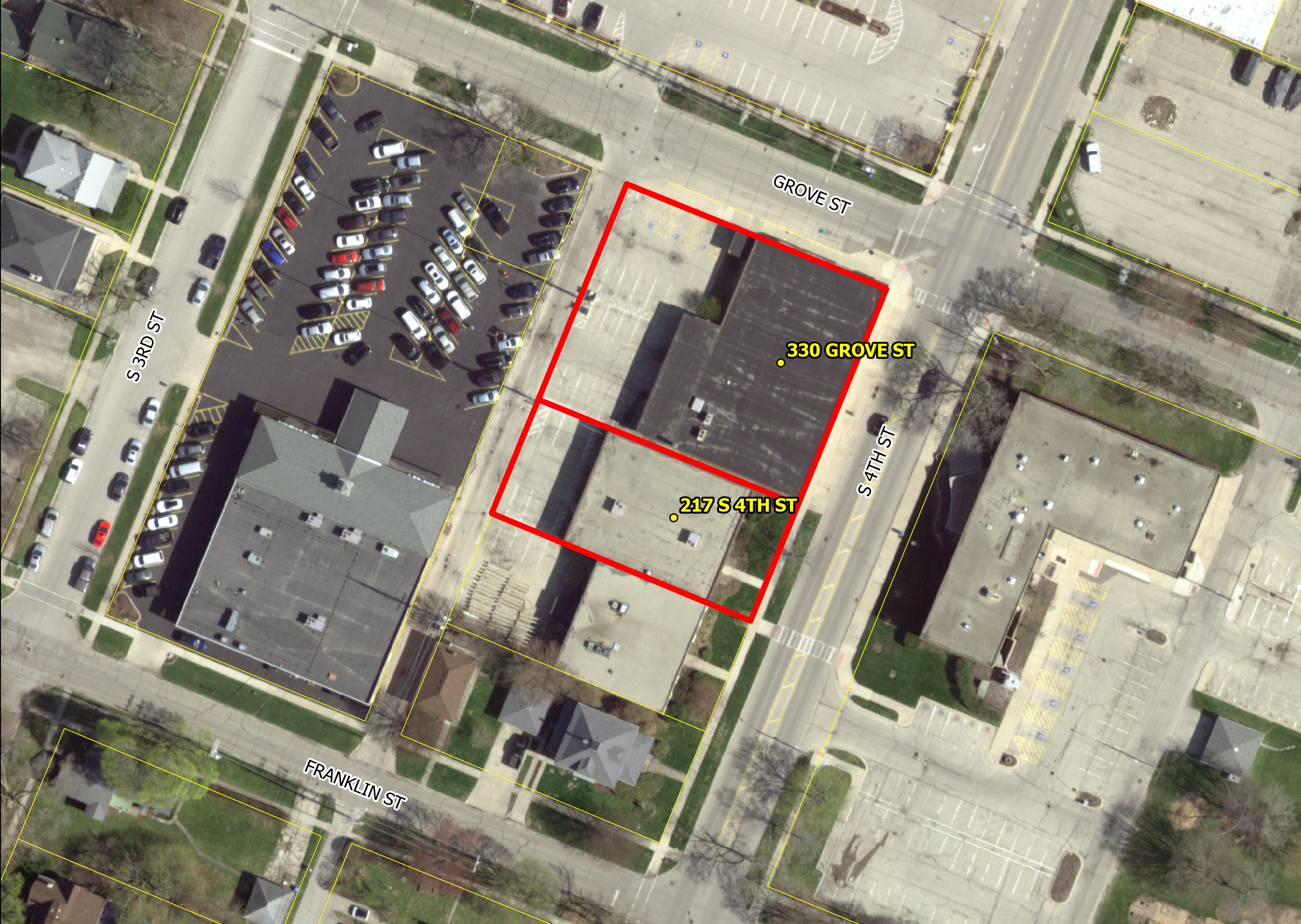 A map showing the location of 330 Grove St. & 217 S. 4th St.