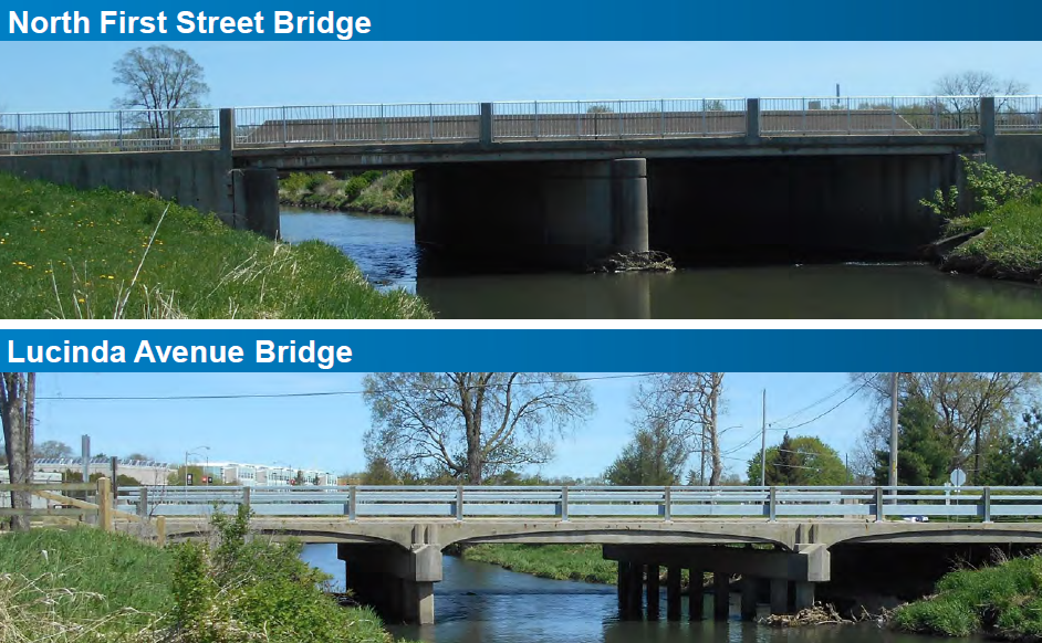 Photos of the N. Frist St. and Lucinda Ave. bridges over the Kishwaukee River.