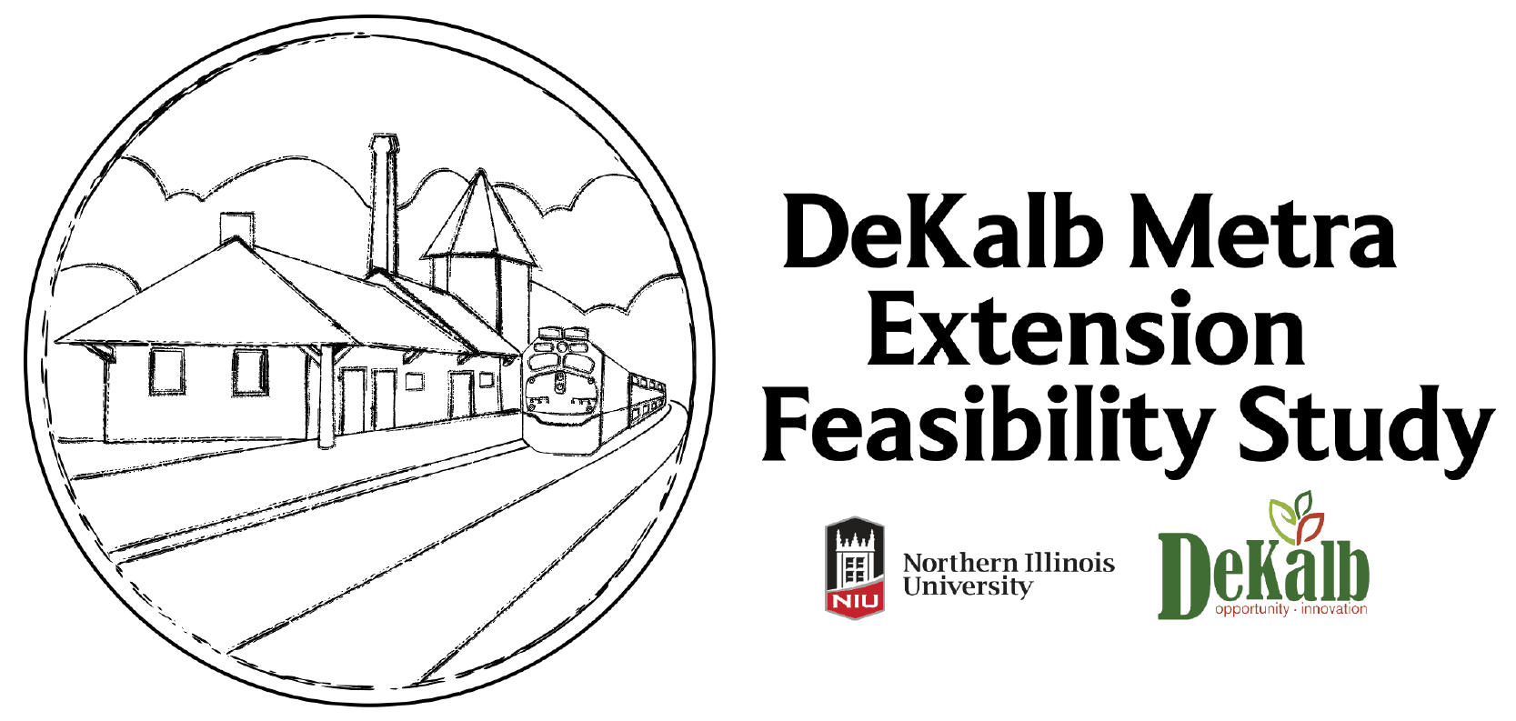 The train depot and City and NIU logos appear with the text DeKalb Metra Extension Feasibility Study