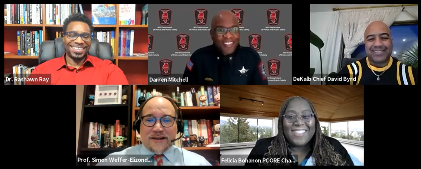 A screenshot shows of the participants the Policing on Campus & In American conversation.