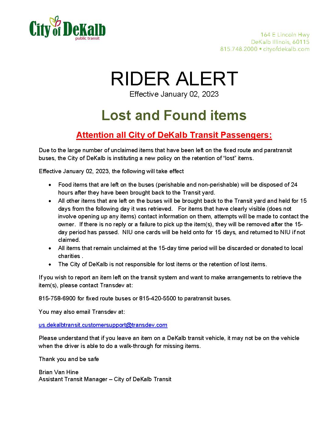 Rider Alert - Lost and found memo regarding retention of items eff 01022023_V4
