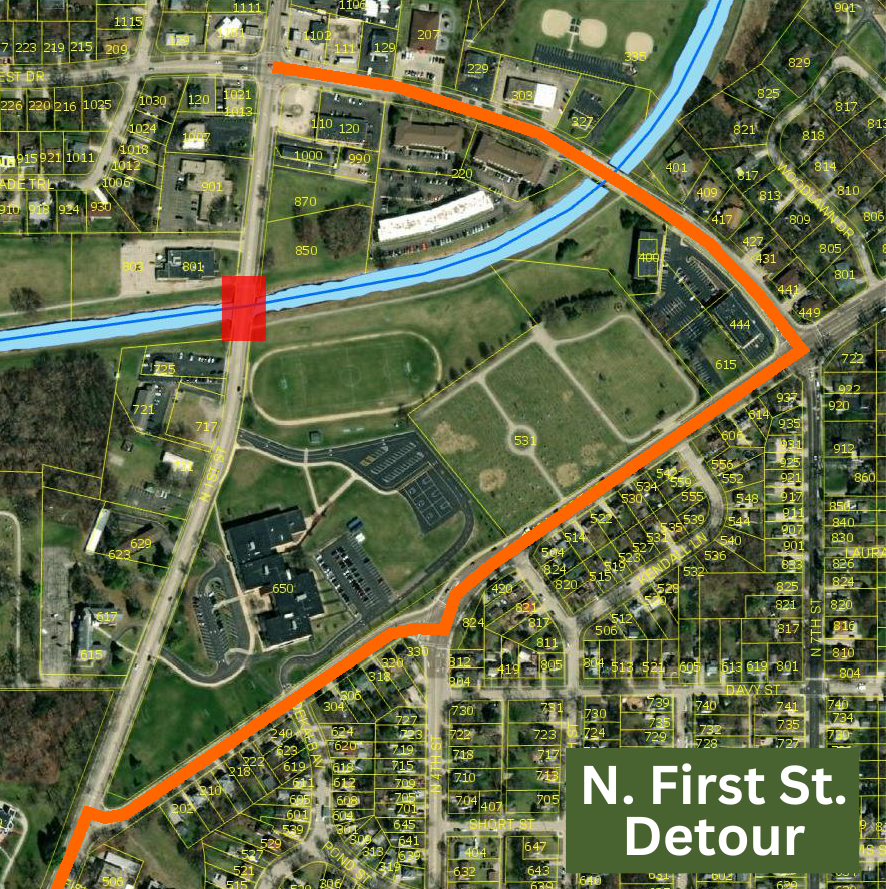 A map shows the detour for the N. First St. bridge replacement.