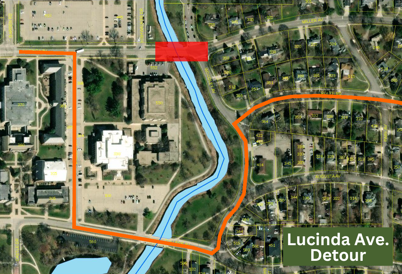 A map shows the detour for the Lucinda Ave. bridge replacement.