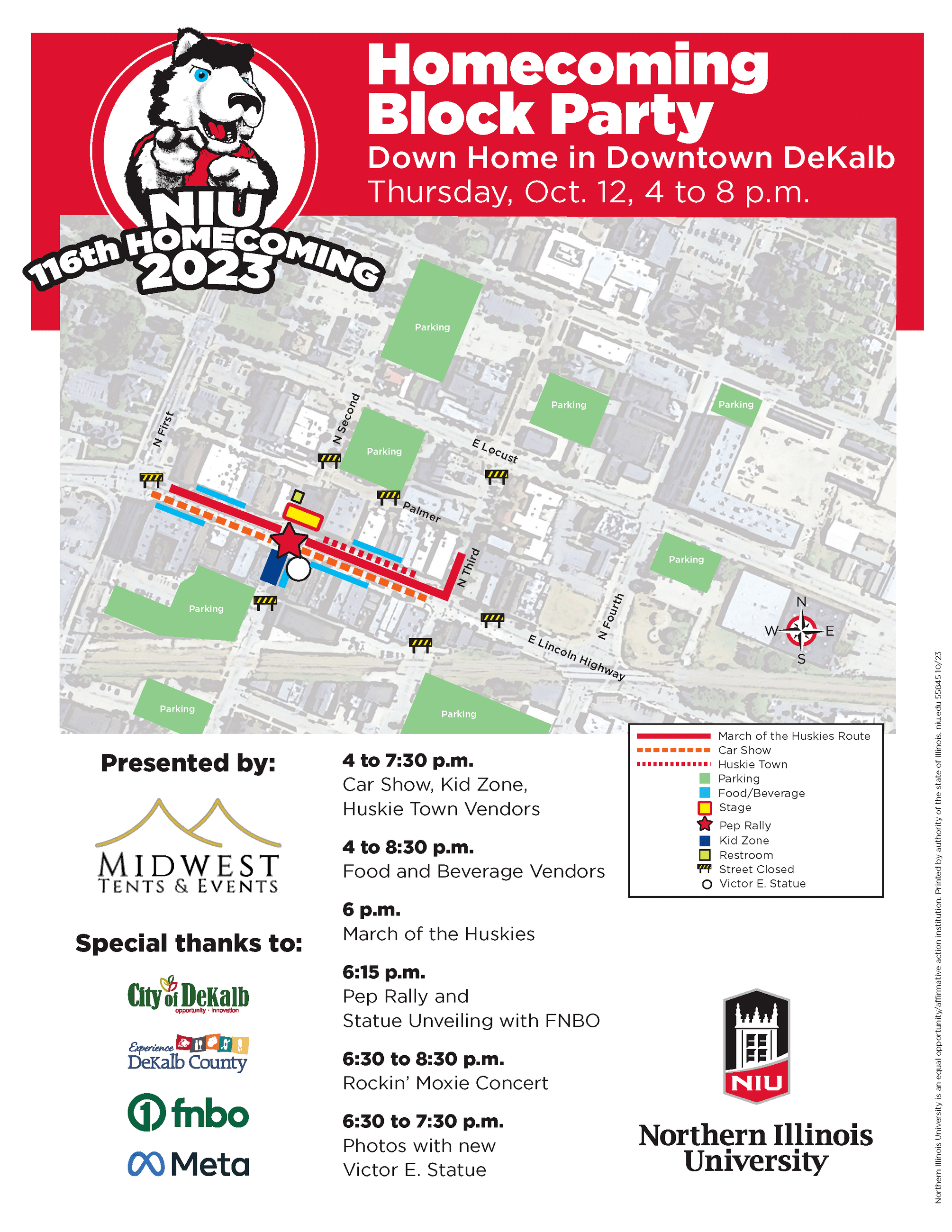 A map and schedule for the NIU Homecoming Block Party.