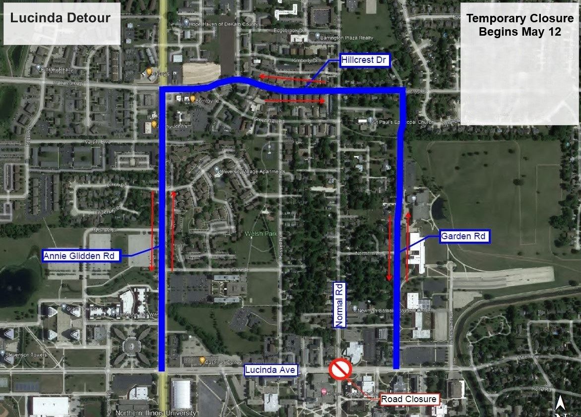 A map showing the traffic detour for the project at Lucinda Ave. & Normal Rd.